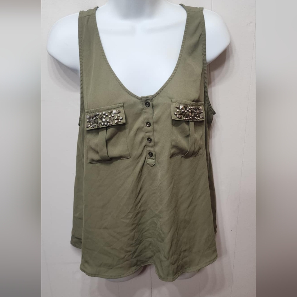 Decree Blouse Large Sleeveless Embellished Olive Green Lightweight Casual C266Z